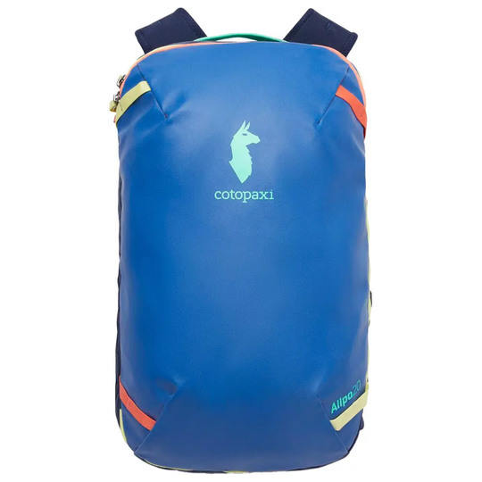 Allpa Mini 20L Travel Pack in blue, made from durable, waterproof recycled materials, featuring suitcase-style opening and padded straps.