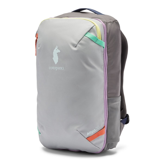 Allpa Mini 20L Travel Pack in grey with colored accents, featuring full-length zip, durable recycled materials, and padded straps.