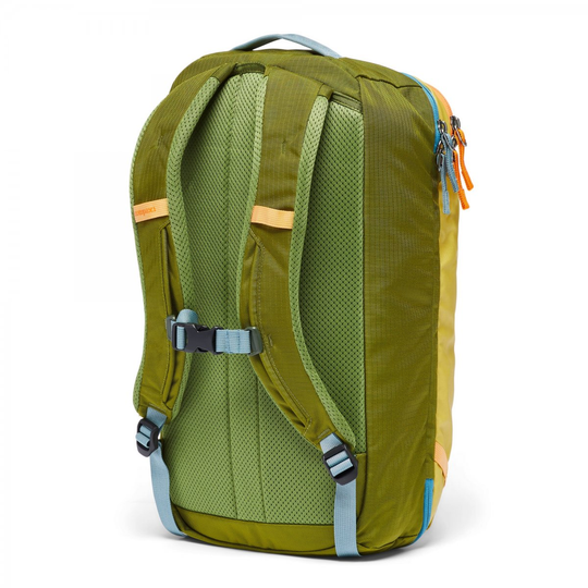 Allpa Mini 20L Travel Pack in green, featuring adjustable padded straps, suitcase-style zip opening, internal zip pockets, and durable recycled materials.