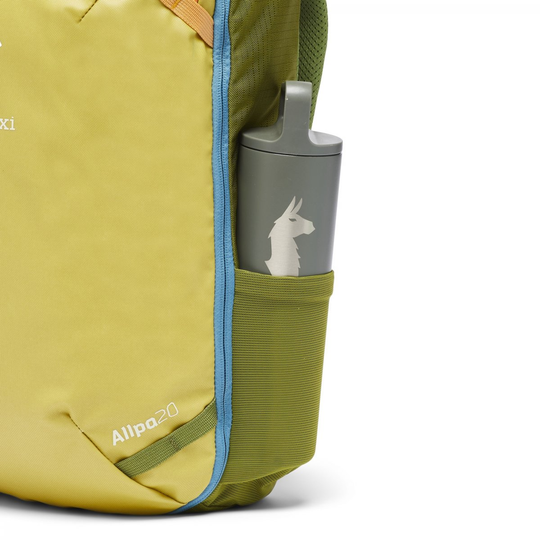 Allpa Mini 20L Travel Pack with green bottle pocket, durable recycled fabric, and stylish design.