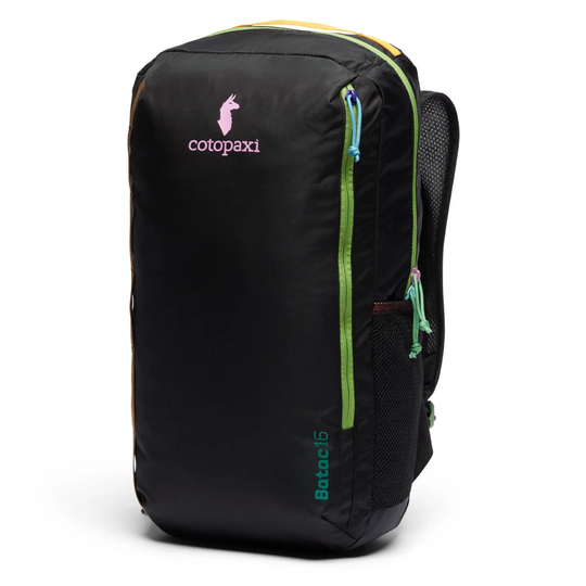 Batac 16L Backpack, Del Día Dark design, durable nylon, front and side pockets, adjustable straps.