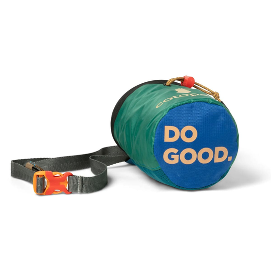 Eco-friendly Halcon Chalk Bag with adjustable drawstring closure, soft fleece lining, brush holder, dual belt loops, and recycled nylon, featuring "Do Good" text.