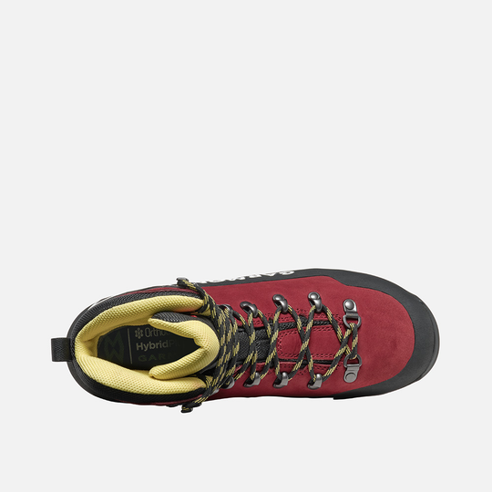 Nebraska II Gtx hiking boot, top view, red nubuck leather with Ortholite insole and protective rubber rand.