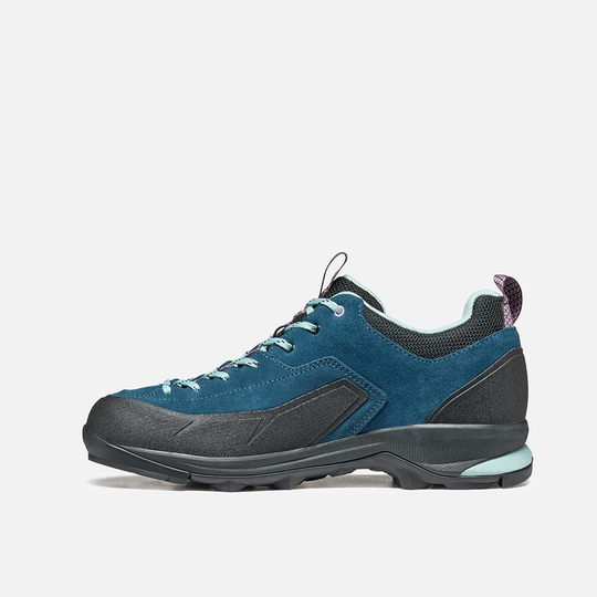 Dragontail WP mountain hiking shoes in blue suede with extended lacing and waterproof design.