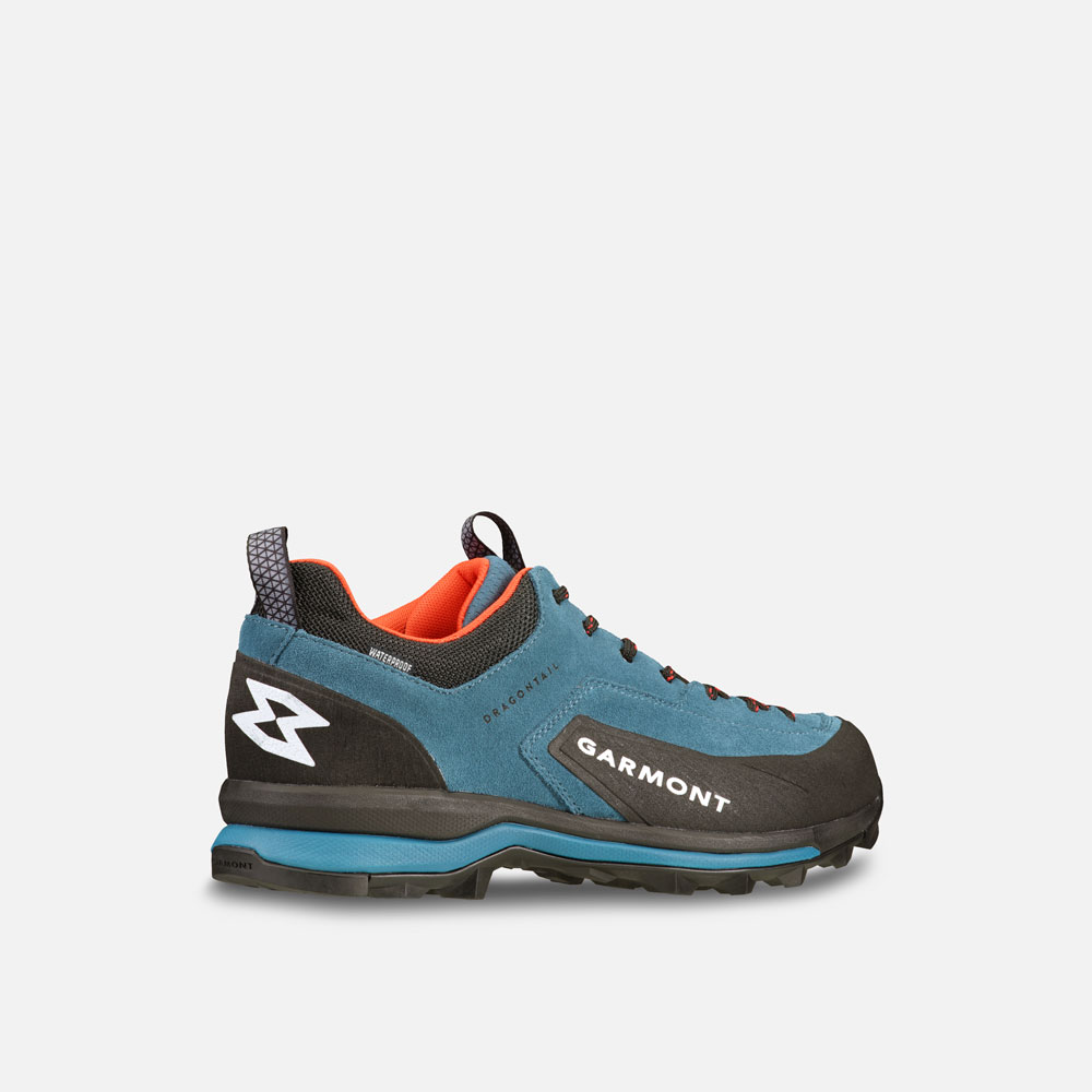 Dragontail WP waterproof hiking shoes with suede upper and extended lacing.