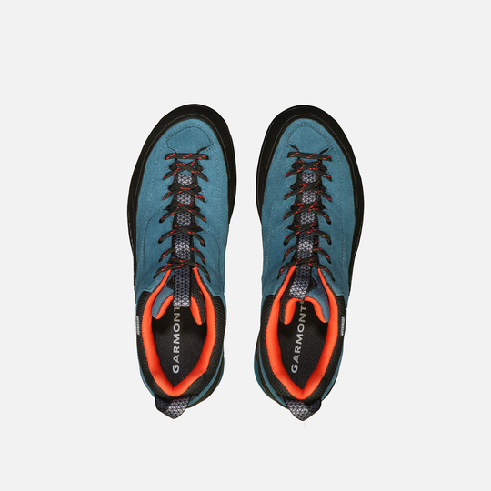 Dragontail WP waterproof hiking shoes in blue suede with extended lacing.