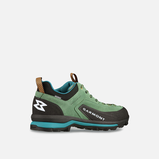 Dragontail WP hiking approach shoes, waterproof suede design with extended lacing, green color.