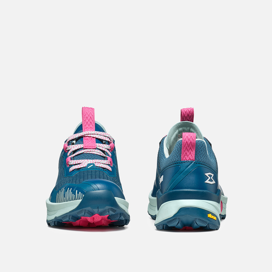 Lightweight and waterproof 9.81 Engage hiking shoes for women in blue with pink accents, ideal for rough terrains.