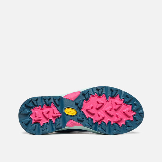Lightweight waterproof hiking shoe sole with vibrant pink and blue traction pattern, 9.81 Engage.