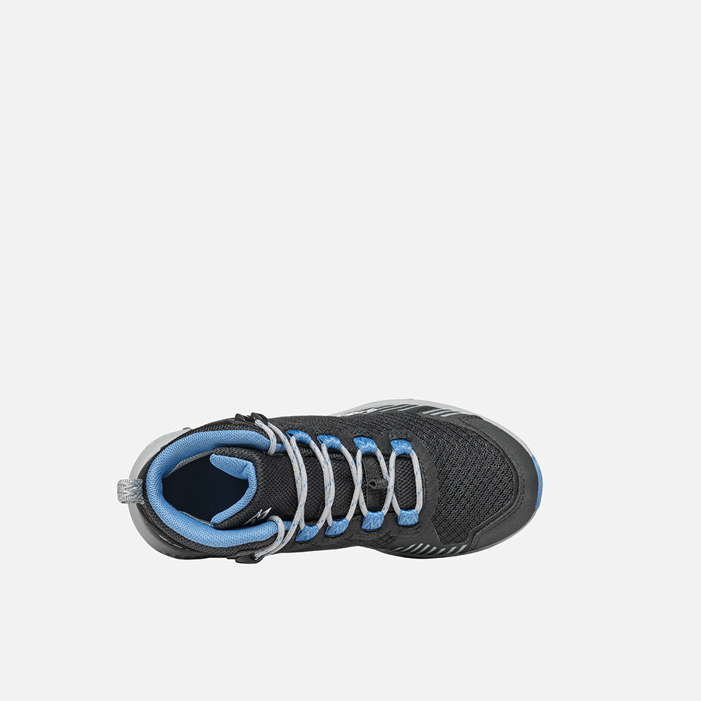 9.81 Kids Pulse Mid WP hiking shoe, black with blue accents, top view.