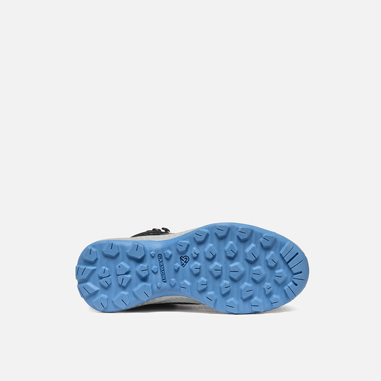 Kids hiking shoe sole with blue tread pattern, designed for versatility and protection, 9.81 Kids Pulse Mid WP.