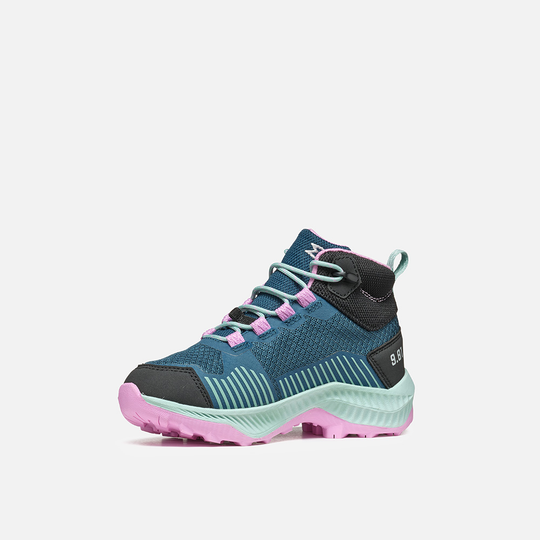 Kids outdoor shoe with blue and pink design, breathable 3D polyester, toe and heel reinforcements, fast-lace system, waterproof G-DRY membrane.