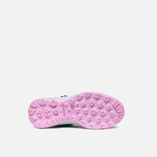 Sole view of 9.81 Kids Pulse Mid WP shoe with pink tread pattern for off-road traction.