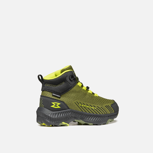 9.81 Kids Pulse Mid WP shoes, green and black, with breathable polyester upper, reinforced toe and heel, fast-lace system, waterproof G-DRY membrane.