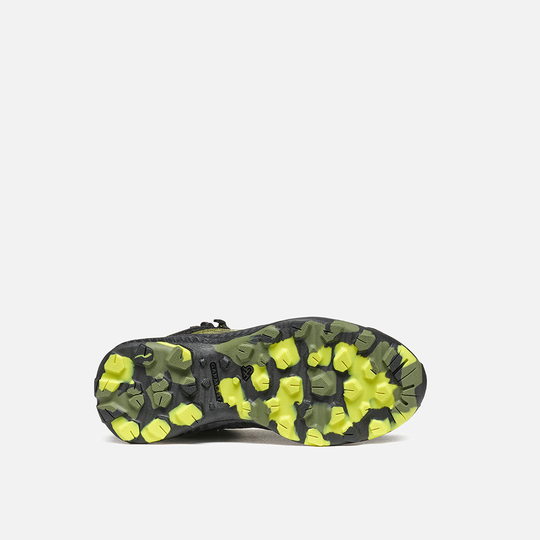 Children's hiking shoe 9.81 Kids Pulse Mid WP with green and yellow grippy sole for outdoor adventures.