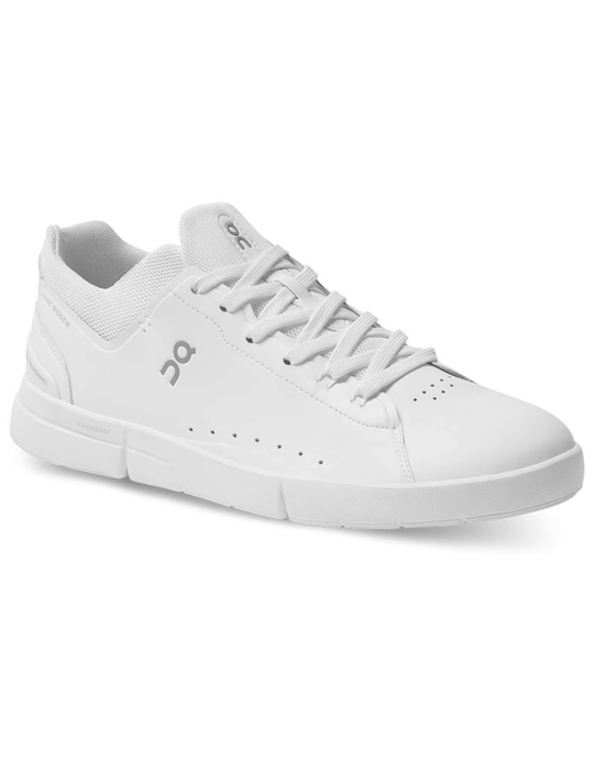 White tennis-inspired 'The Roger Advantage' sneaker with perforated faux leather, mesh tongue, and signature logo, featuring enhanced cushioning and CloudTec® for comfort.