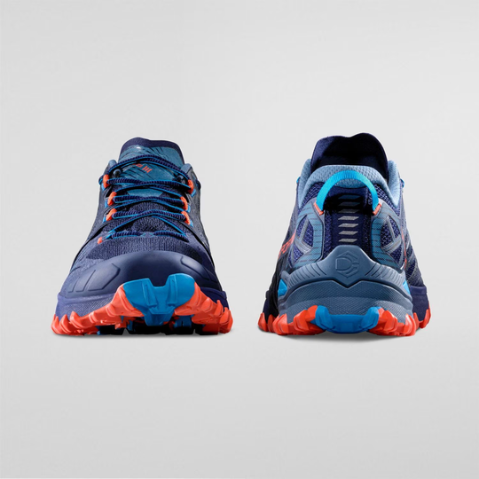 Aggressive design of 'Bushido III' running shoes showcasing stability and grip with bi-compound FriXion® Red soles for skyrace terrains.
