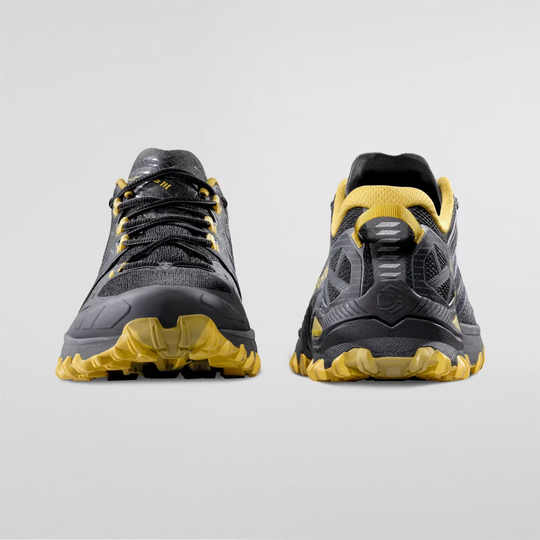 Bushido III trail running shoe, aggressive design, enhanced grip, bi-compound FriXion® Red sole, breathable panels, black and yellow color scheme.