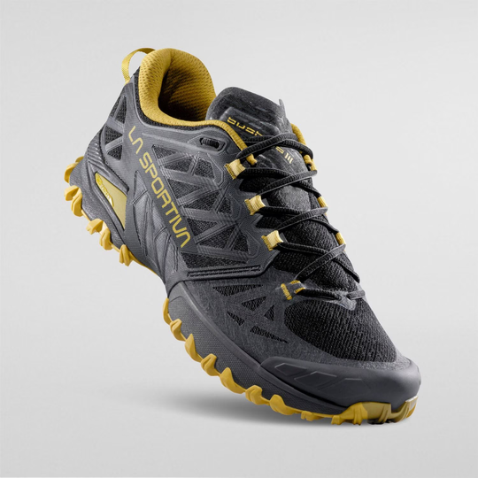 Bushido III shoe with aggressive grip, breathable side panels, and slip-on design for off-road terrain stability.