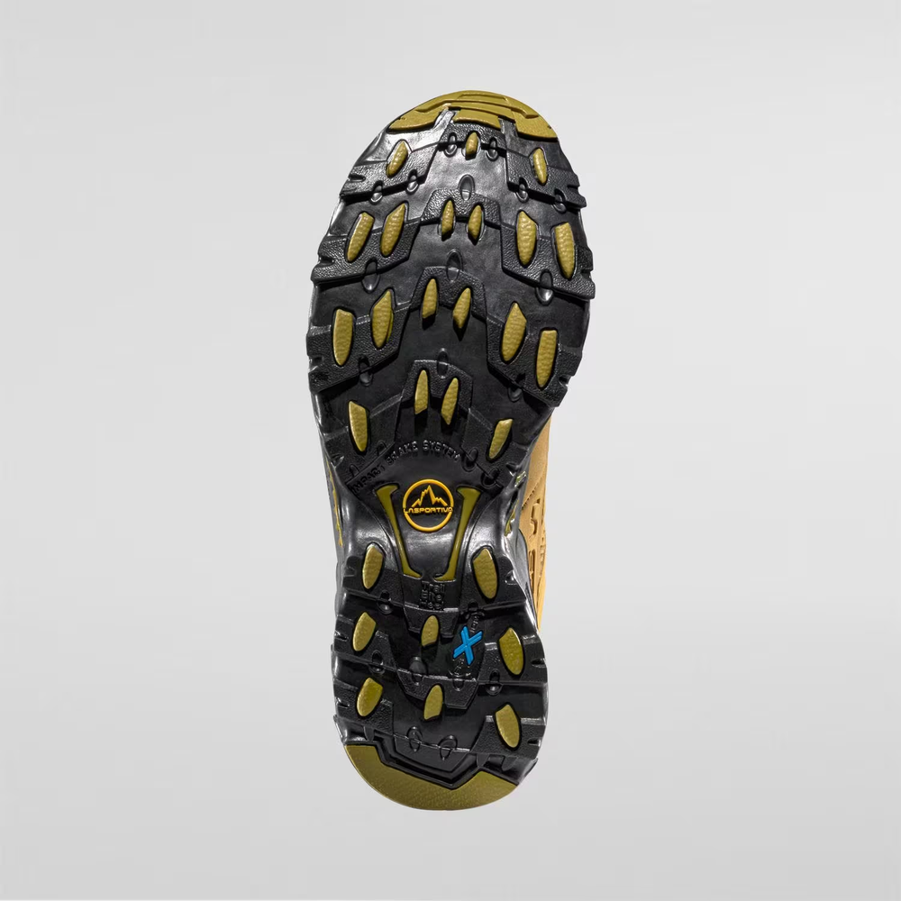 Sole of Ultra Raptor II Leather GTX hiking shoe with durable FriXion™ Blue rubber and Impact Brake System.