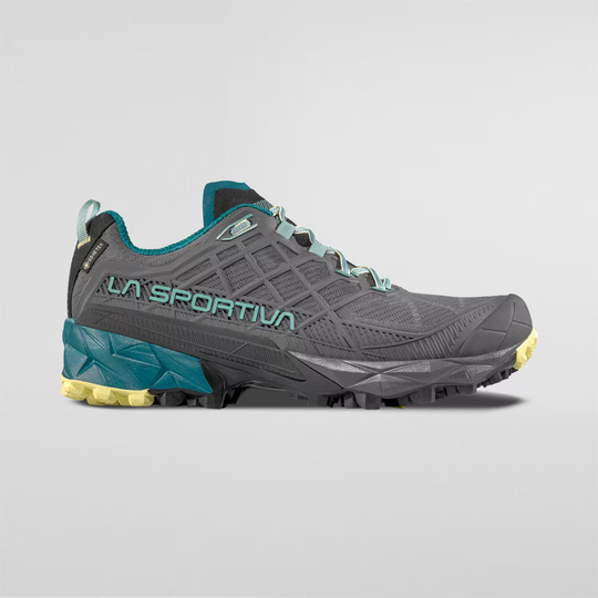 Trail running shoe Akyra II Woman Gtx with GORE-TEX, grey KPU upper, and Impact Brake System sole.
