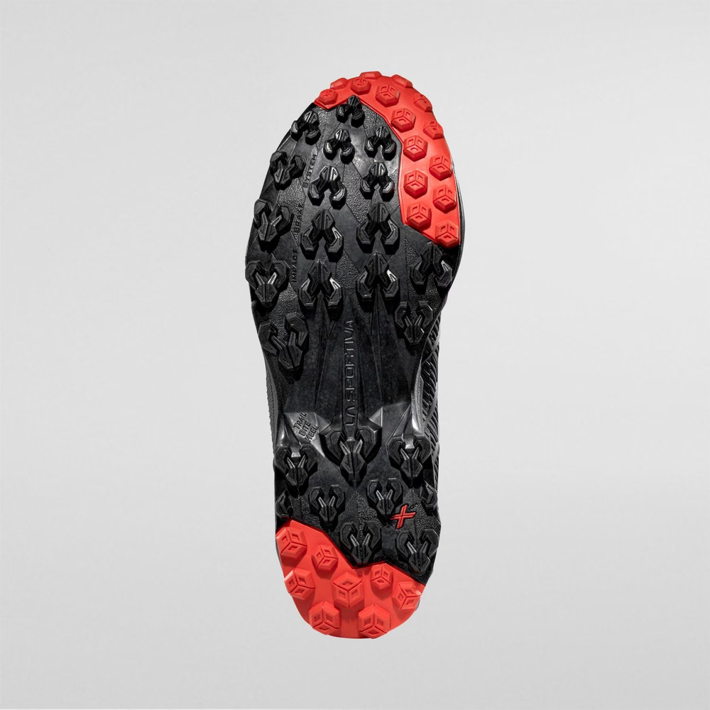 Underside view of Akyra II Gtx shoe featuring red and black Frixion XT Red sole with Impact Brake System.