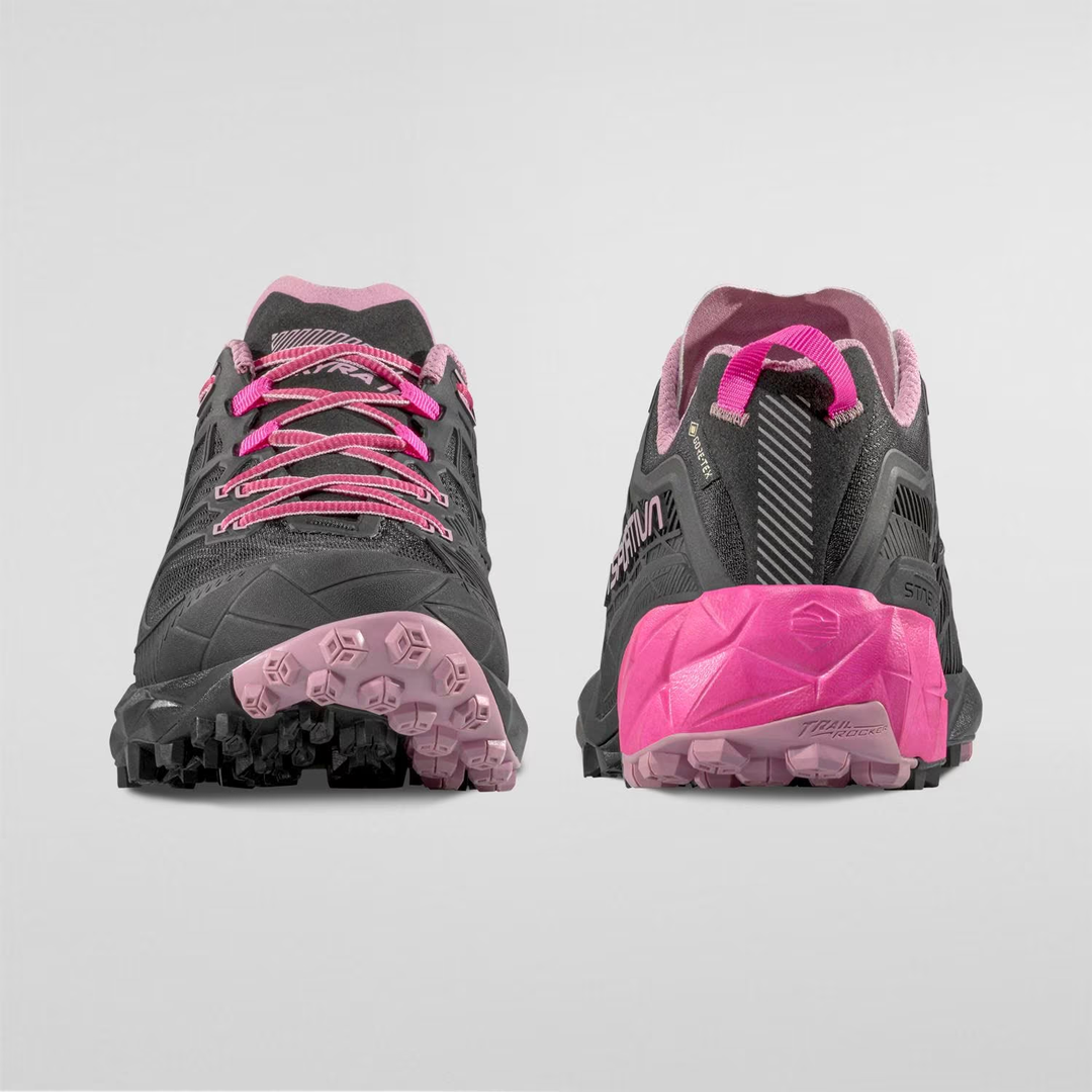 Akyra II Woman GTX hiking shoes with pink and black design, featuring 3D Grid construction and Gore-Tex for weather resistance.