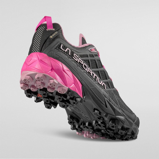 Akyra II Woman Gtx trail running shoe with pink and black design, featuring 3D Grid™ construction, Trail Rocker™ system, and GORE-TEX for weather protection.