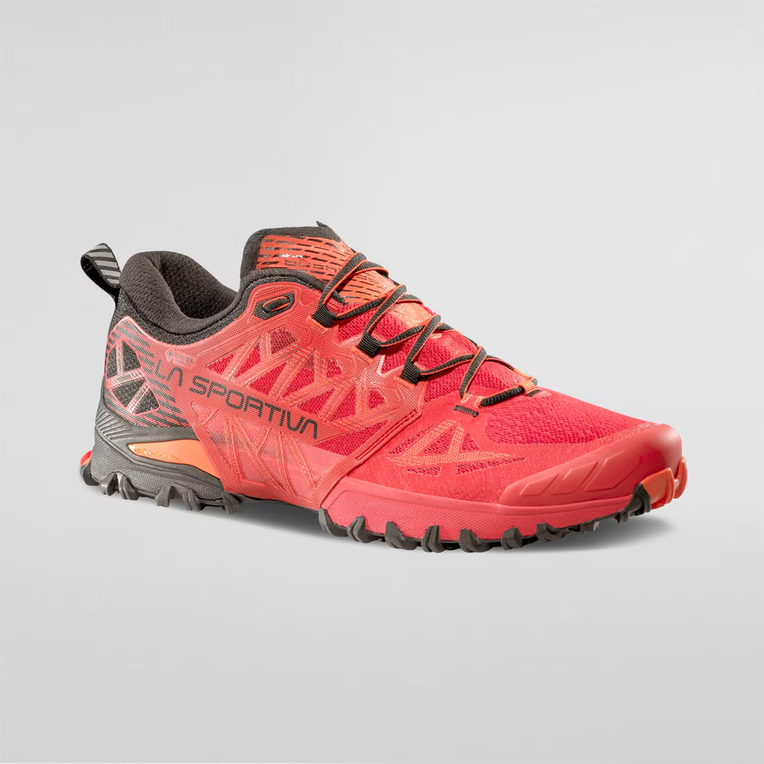 Bushido III Gtx mountain running shoe with red breathable air mesh upper, TPU reinforcements, and GORE-TEX Invisible Fit lining.