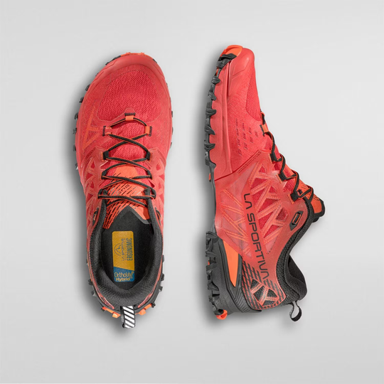 Bushido III GTX trail running shoes with Gore-Tex, red color, top and side view.