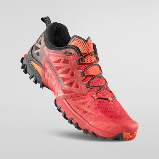 Bushido III GTX trail running shoe with GORE-TEX Invisible Fit, red and black, impact brake system sole.