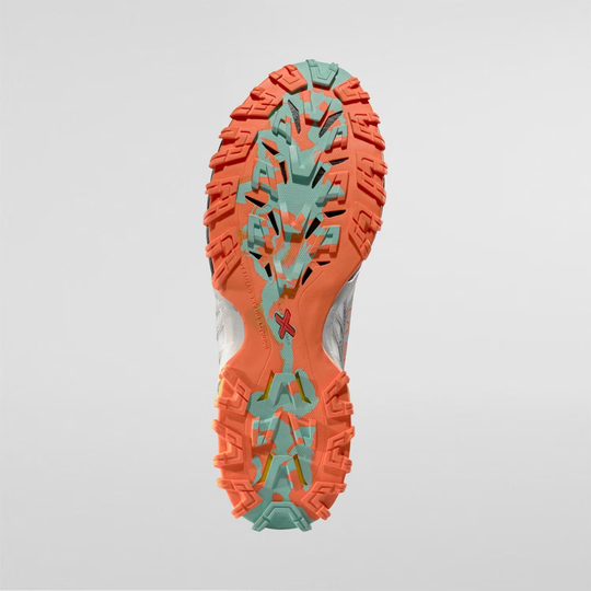 Bushido III trail running shoe sole with aggressive tread pattern for optimal grip.