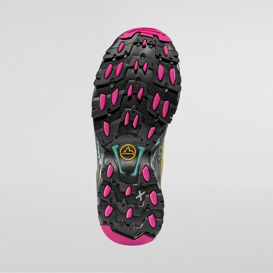 Sole of Ultra Raptor II Woman trail running shoe with FriXion White technology and shock-resistant rubber toe cap.