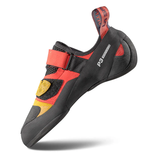 Kubo climbing shoe; versatile indoor bouldering and lead, comfortable design, dual strap closure.