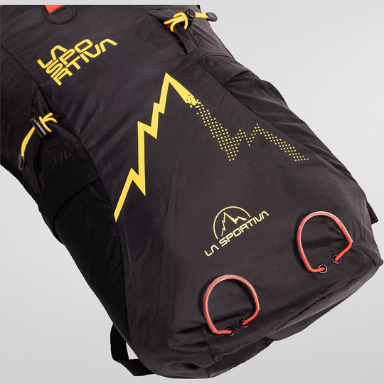 Ultralight Alpine Backpack in reinforced nylon, hydration-ready, 30L, black with yellow accents.
