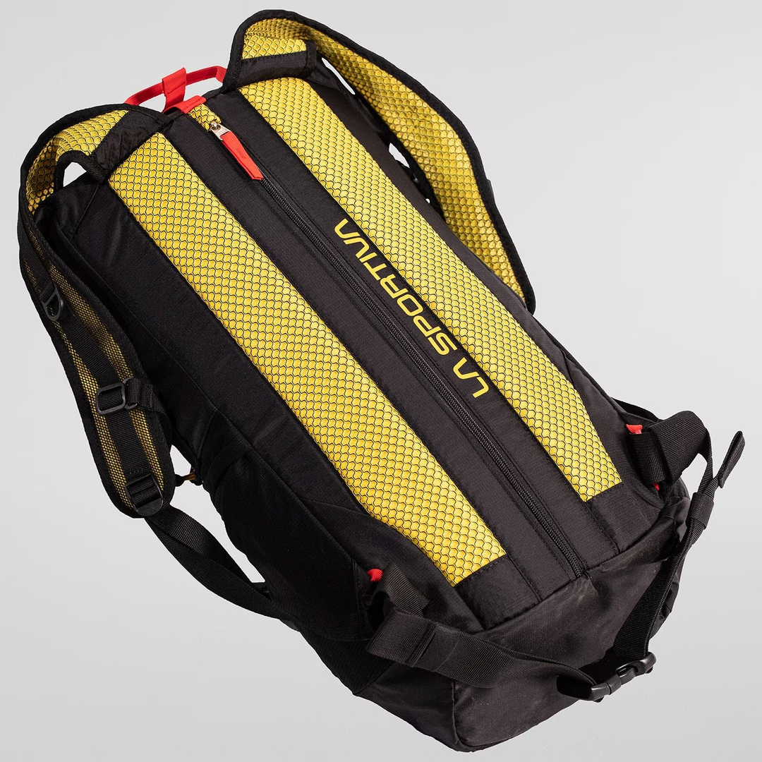 Alpine Backpack with reinforced nylon, external tool holder, hydration system ready.