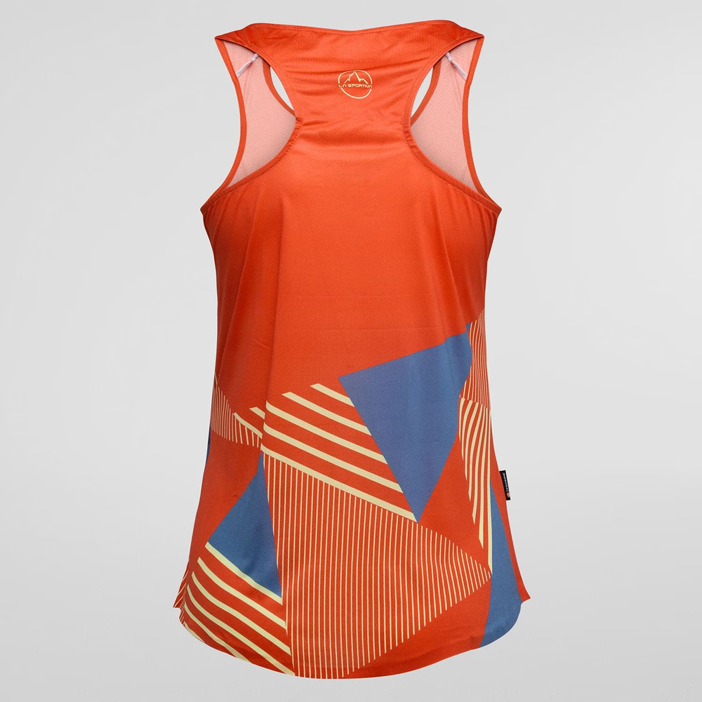Ultralight Comp Tank W climbing t-shirt in orange with modern design.