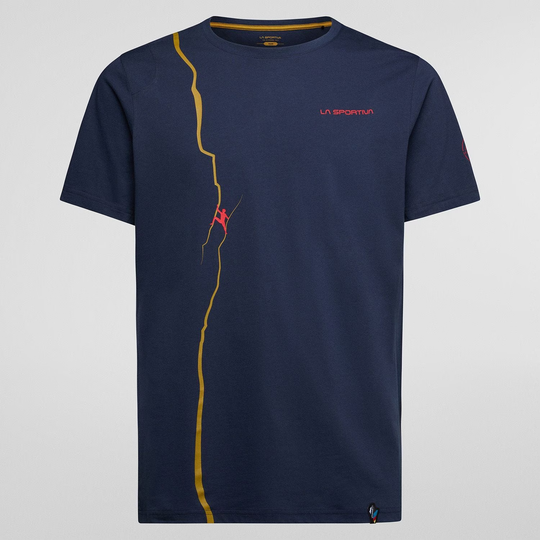 Route T-Shirt M in navy blue with mountain-inspired design, made of 100% organic cotton, slim fit.