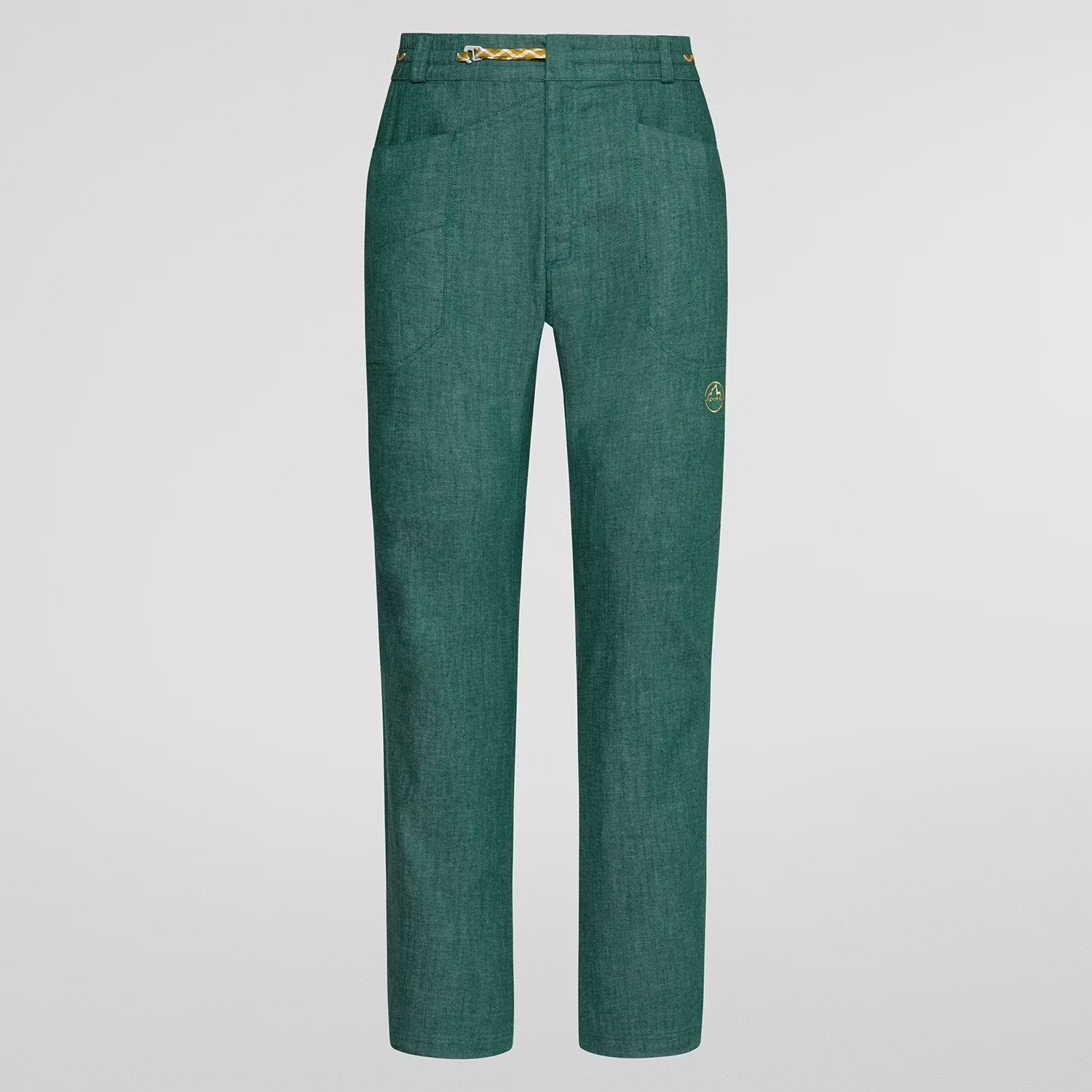 Sierra Rock Pant in green, ideal for climbers, showcasing a stretch fit and multiple pockets.
