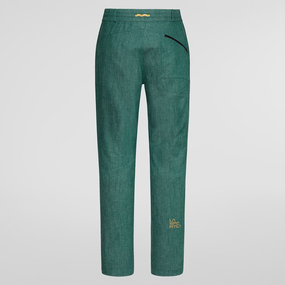 Sierra Rock Pant M for climbers, green color with multiple pockets and elastic waist.