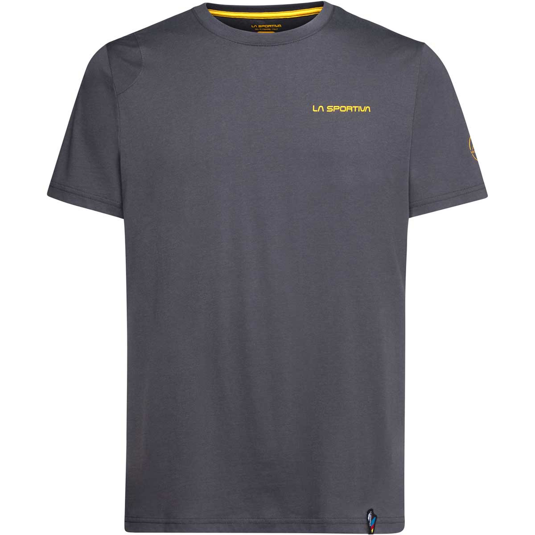 Dark gray T-shirt featuring Dawn Wall route design and La Sportiva logo, made from 100% organic cotton.