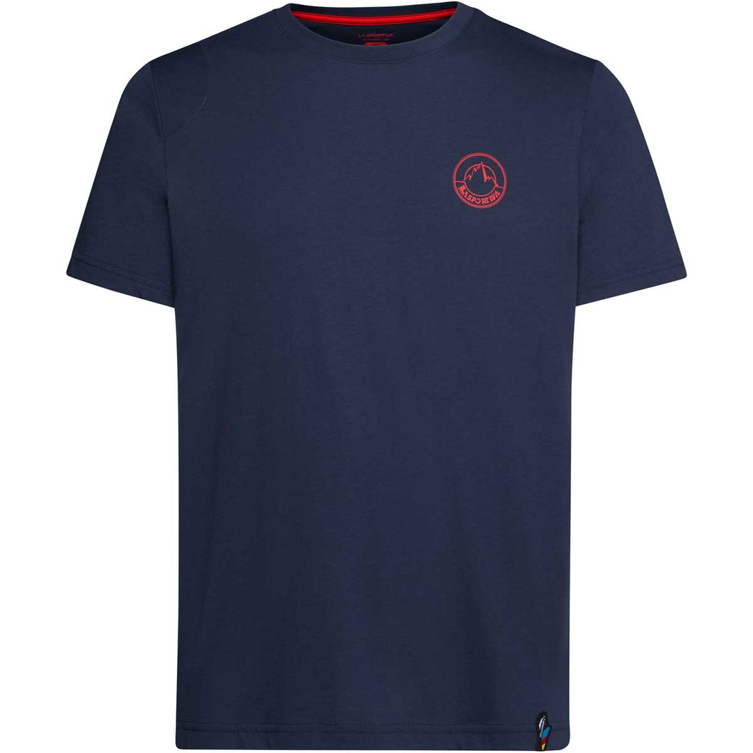 Circle Logo T-Shirt in navy blue with minimalistic design, made from 100% organic cotton, medium size.