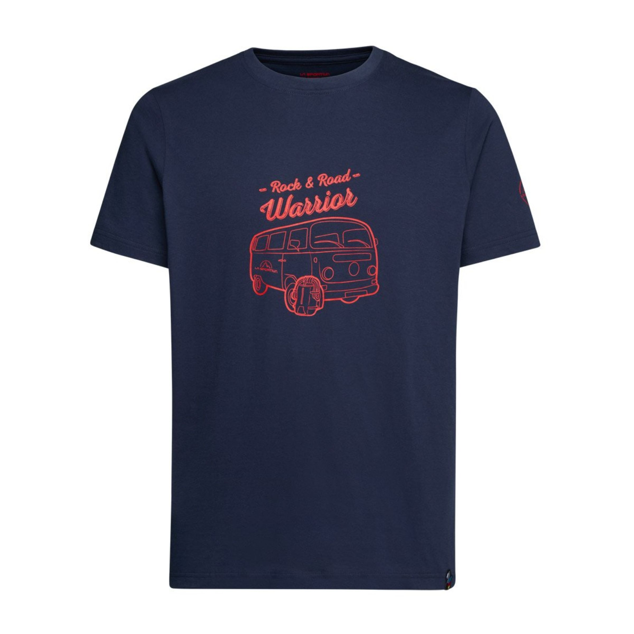 Van T-Shirt M in navy blue with 'Rock & Road Warrior' vintage van graphic, organic cotton.