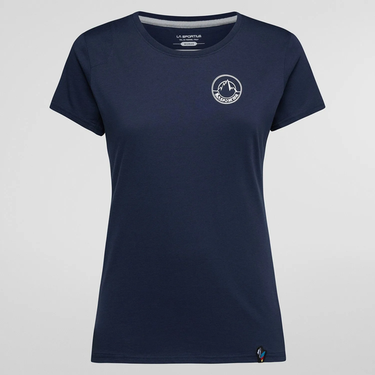 Women's t-shirt with circle logo, organic cotton, navy blue.