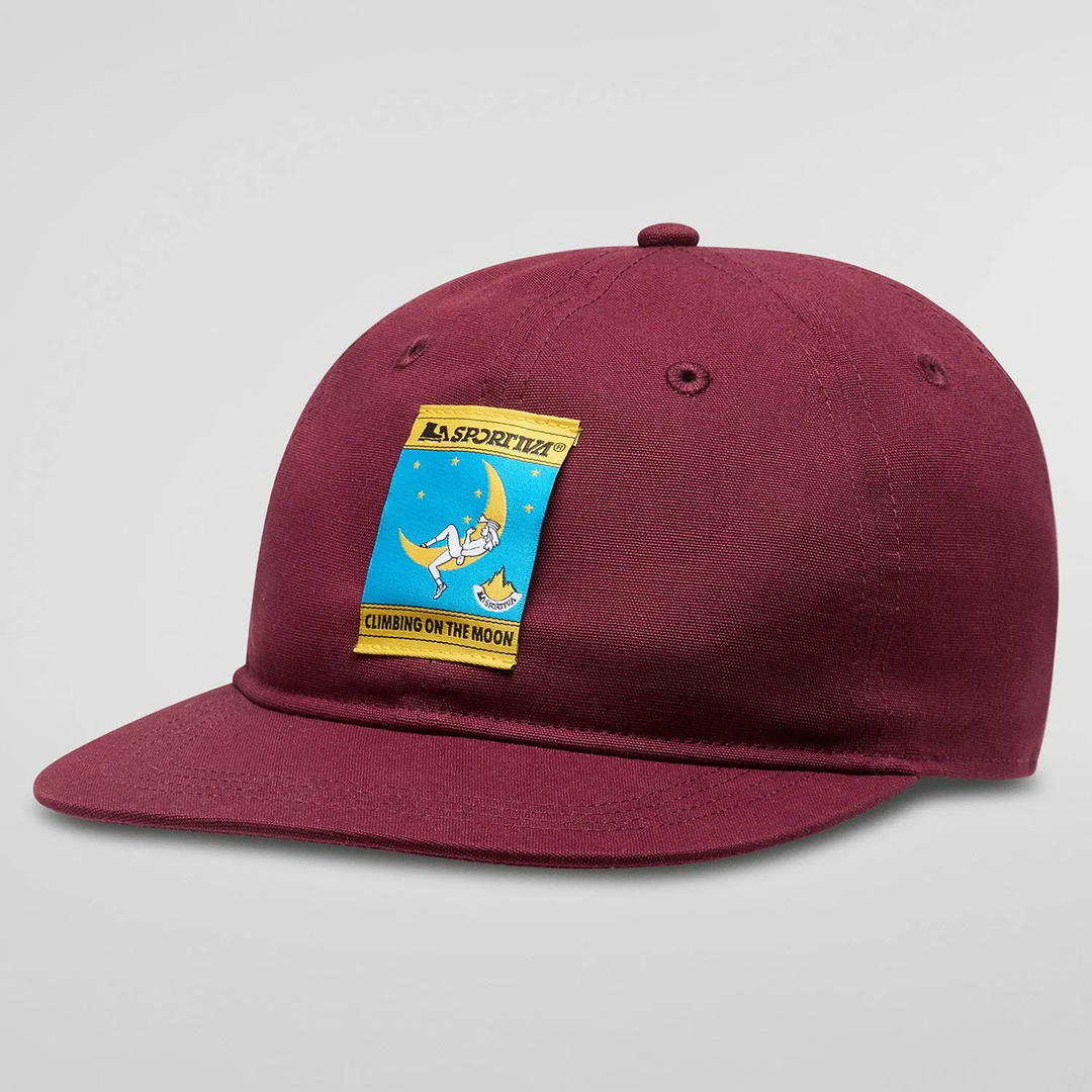 Minimalist maroon cotton hat featuring 'Climbing On The Moon' logo.