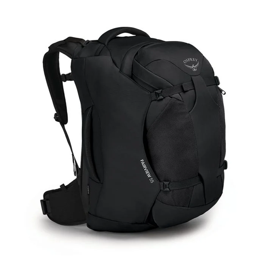 Fairview 55 backpack with detachable daypack, sleek black design, travel-ready features, and padded shoulder straps.