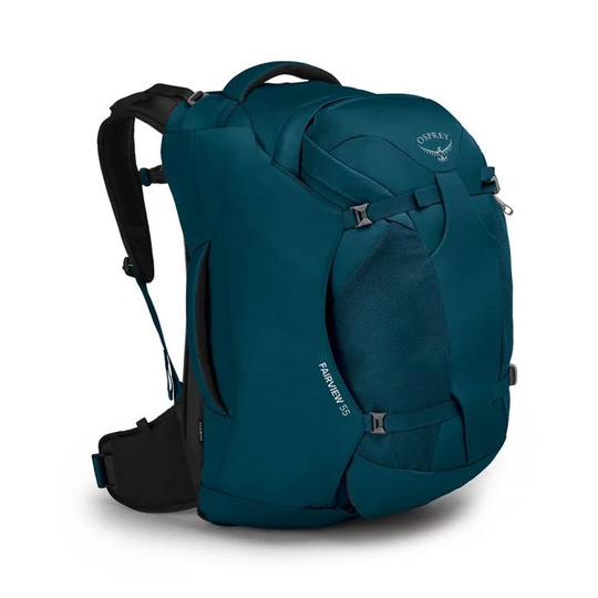 Fairview 55 blue travel backpack with padded handles, adjustable torso, and detachable daypack.