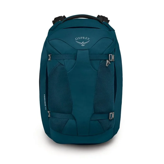 Fairview 55 backpack, blue, women's travel hiking features, detachable daypack, adjustable torso, durable lightweight design.