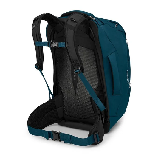 Fairview 55 travel backpack with detachable daypack, adjustable harness, and padded straps for comfortable fit.