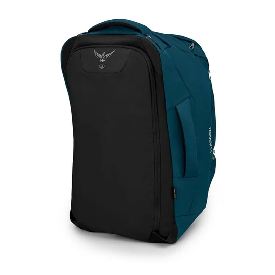 Fairview 55 women's travel backpack with detachable daypack and lockable compartments.